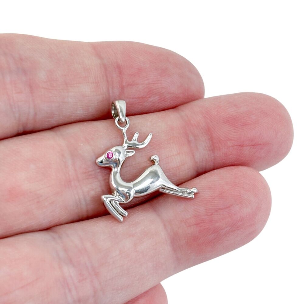 Lab Created Ruby Christmas Reindeer Pendant | Estate Sterling Silver 925